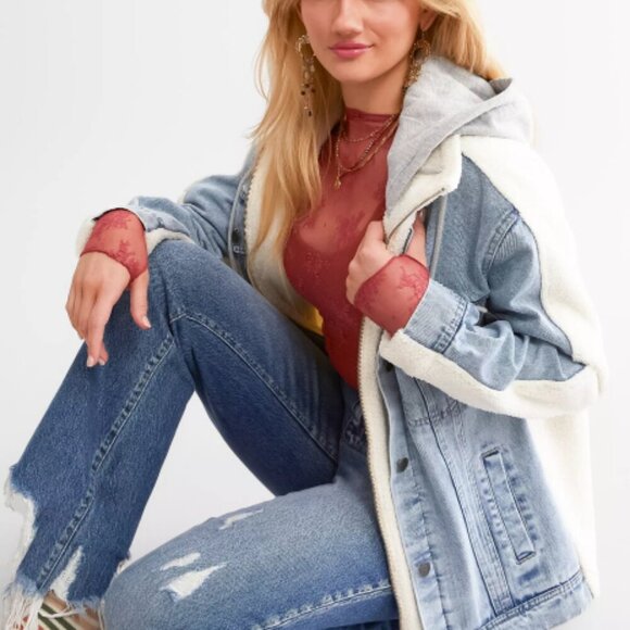 Comfy Sherpa blue Denim Hooded Jacket - Picture 1 of 4